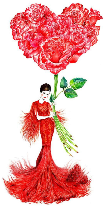 Red Dress Illustration with Flower Heart