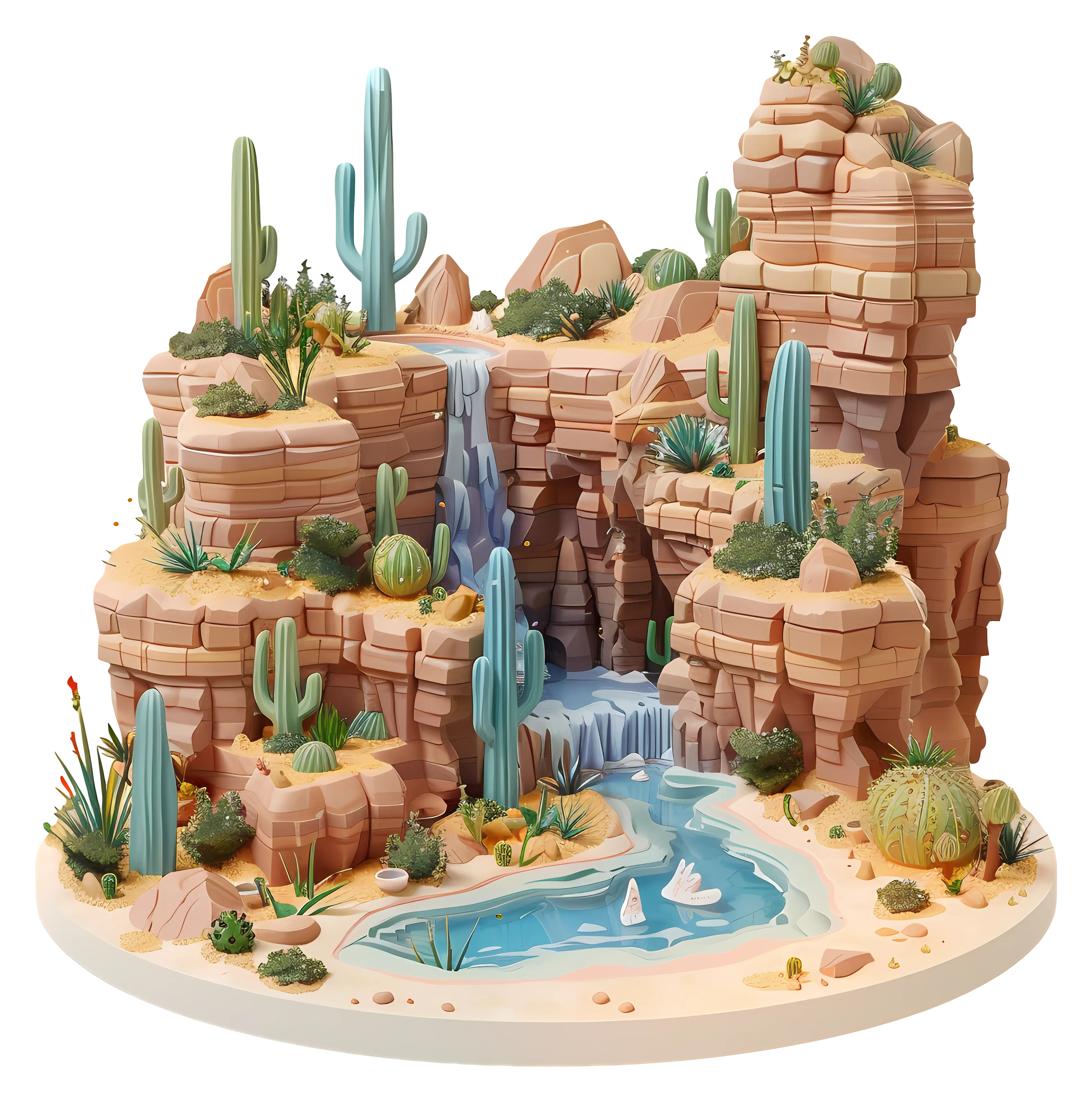 Miniature Desert Scene with Cactus and Waterfall