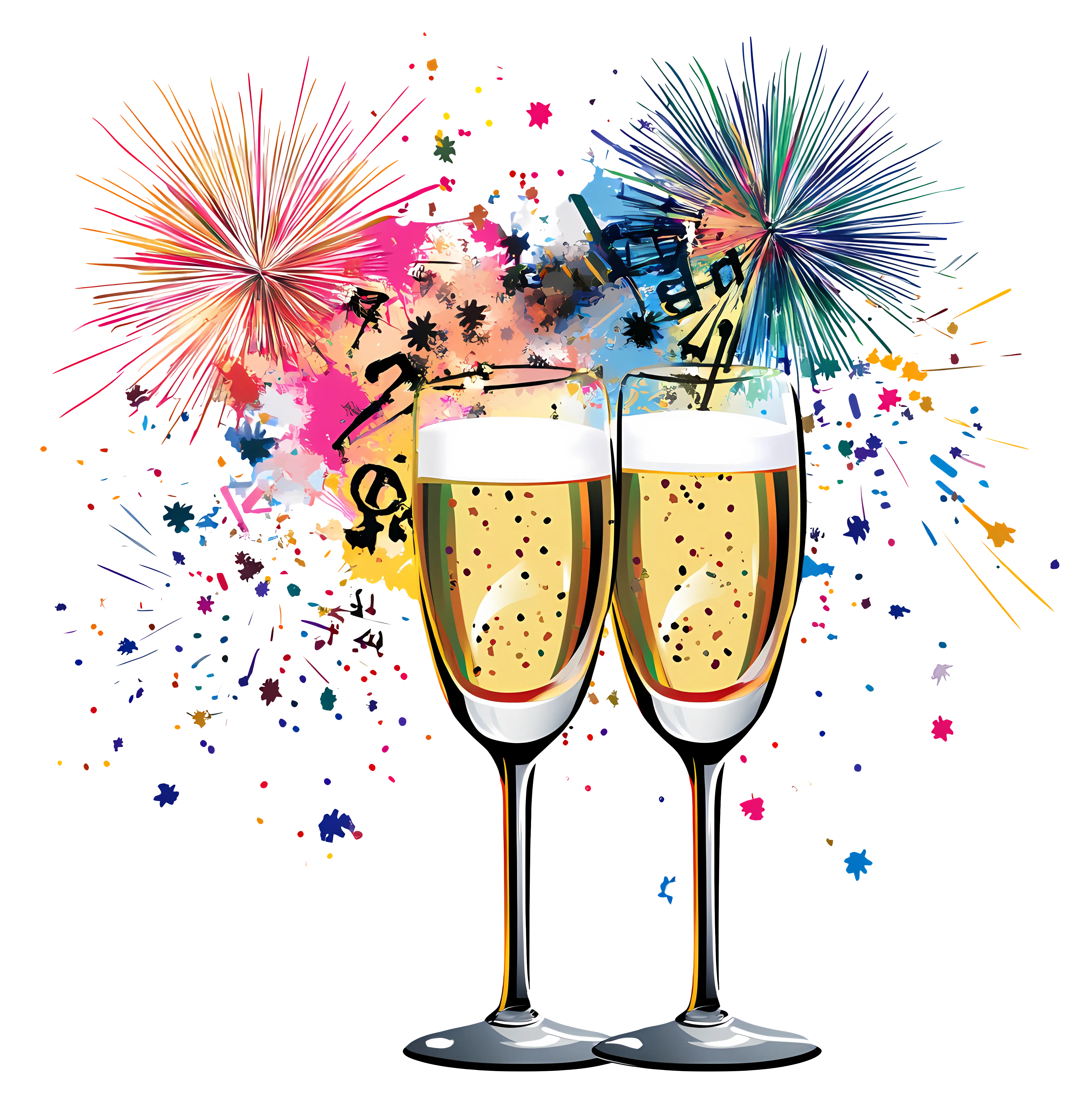 Champagne Glasses with Festive Fireworks
