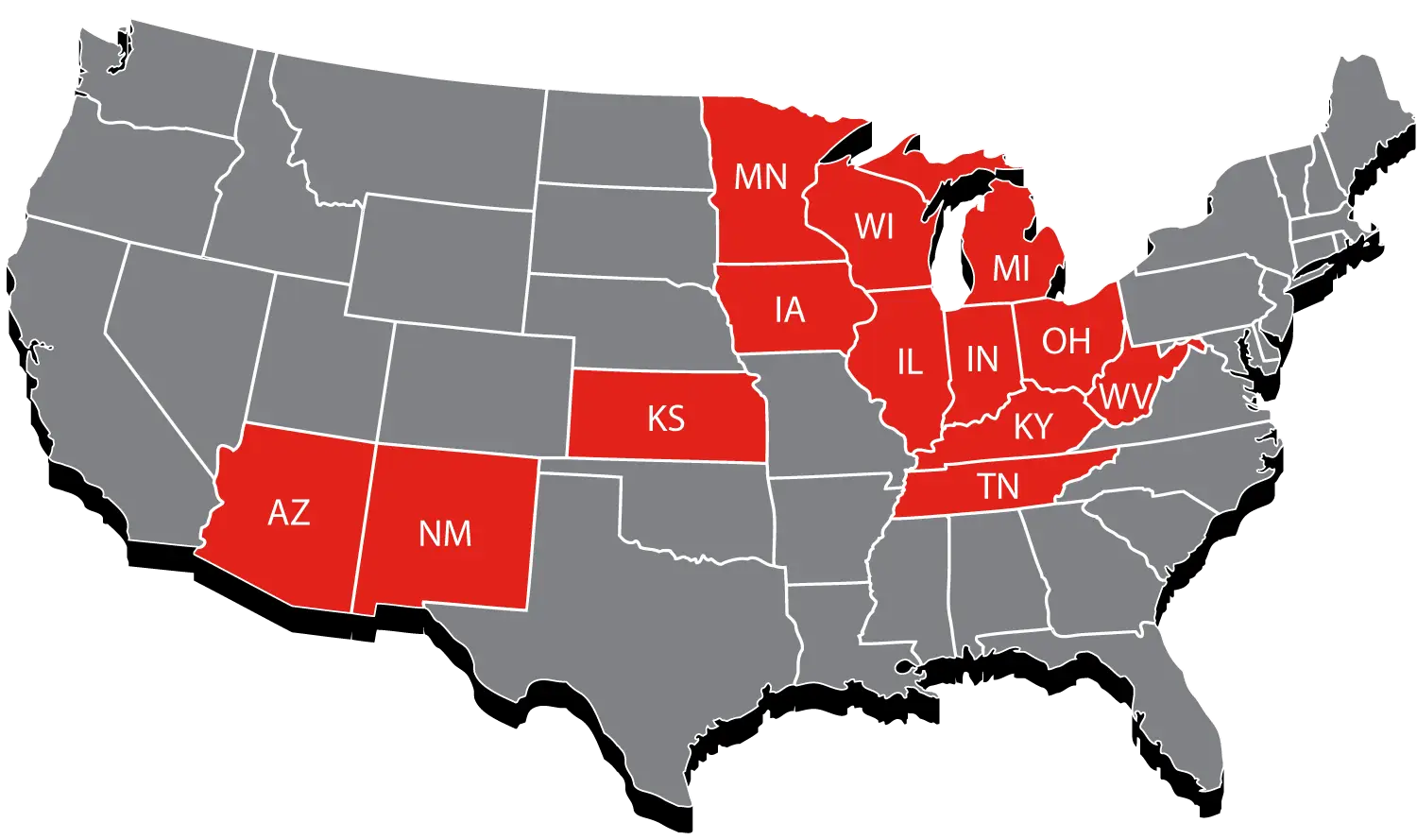 USA Map with Highlighted States in Red
