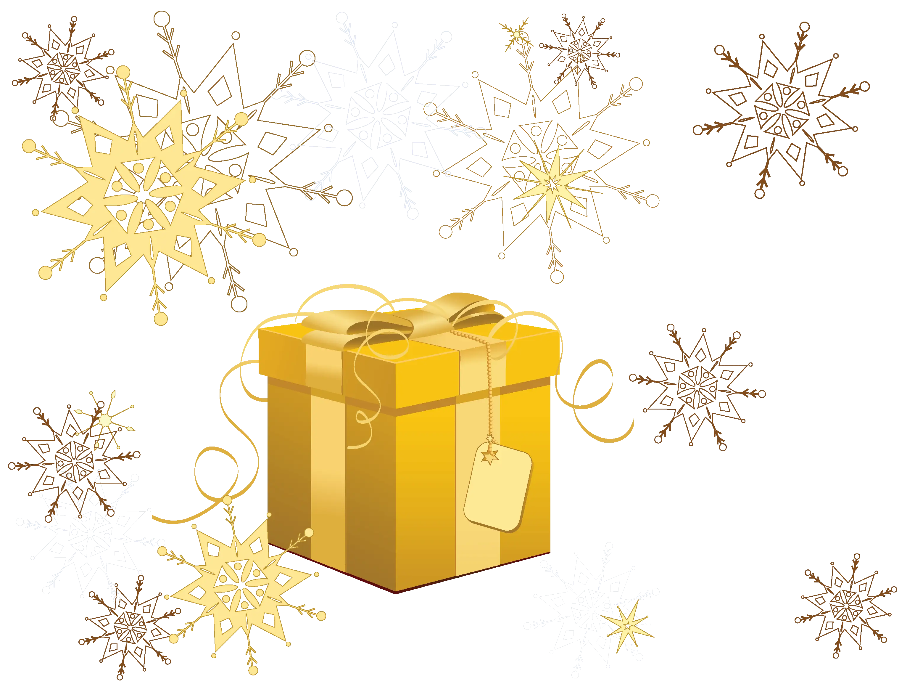 Golden Gift Box with Ribbons and Snowflakes