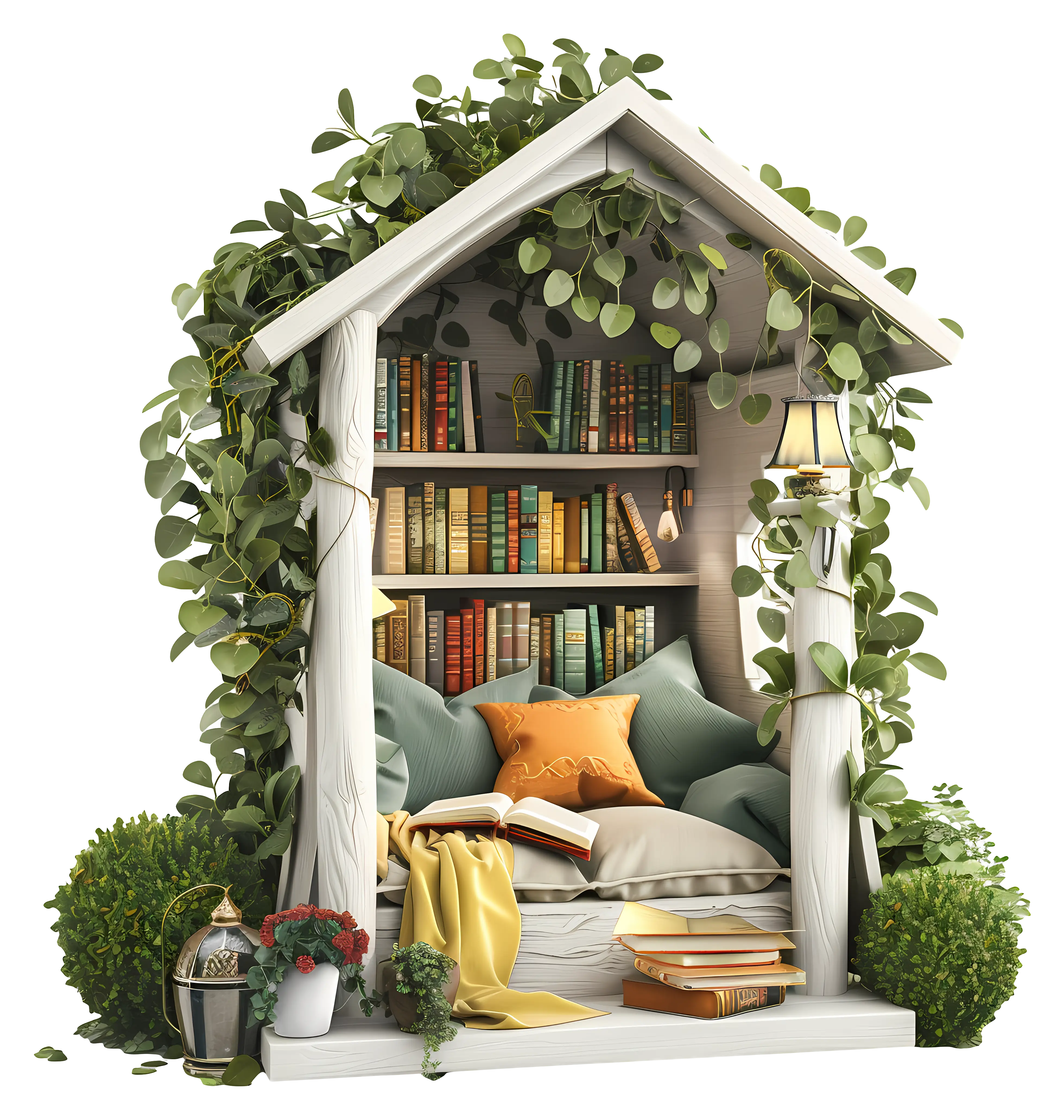 Cozy Reading Nook with Books and Cushions