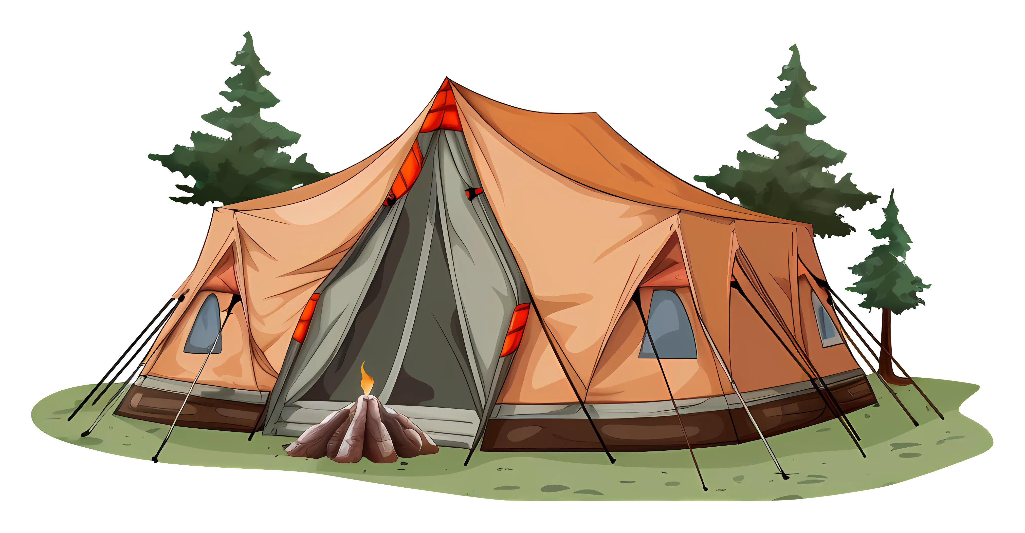 Large Camping Tent with Scenic Greenery and Campfire