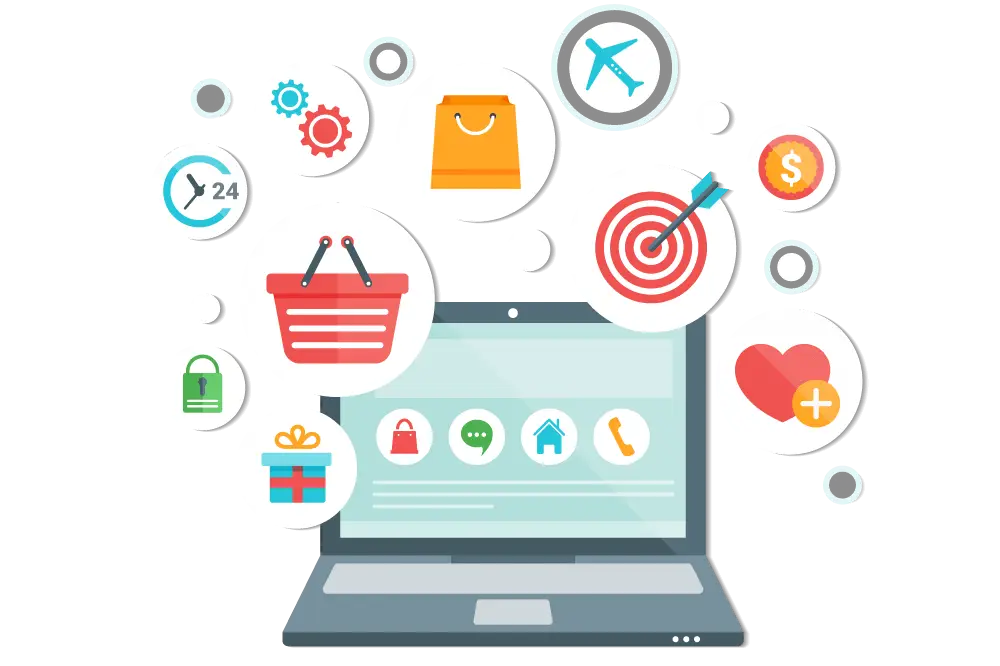 E-commerce and Online Service Icons Around a Laptop
