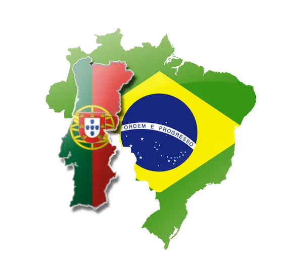 Portugal and Brazil Flags on Map