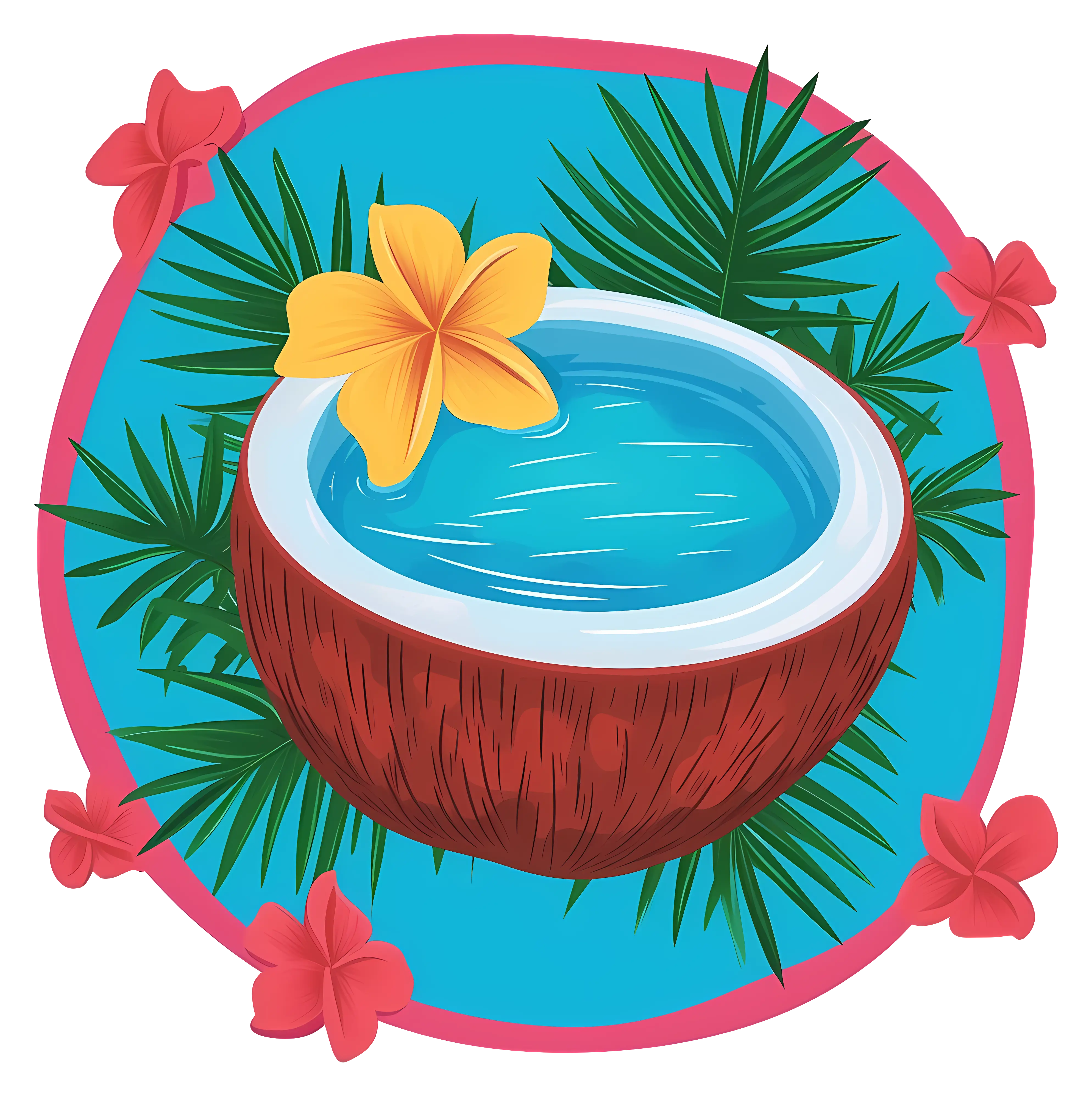 Tropical Coconut with Plumeria Flower Illustration