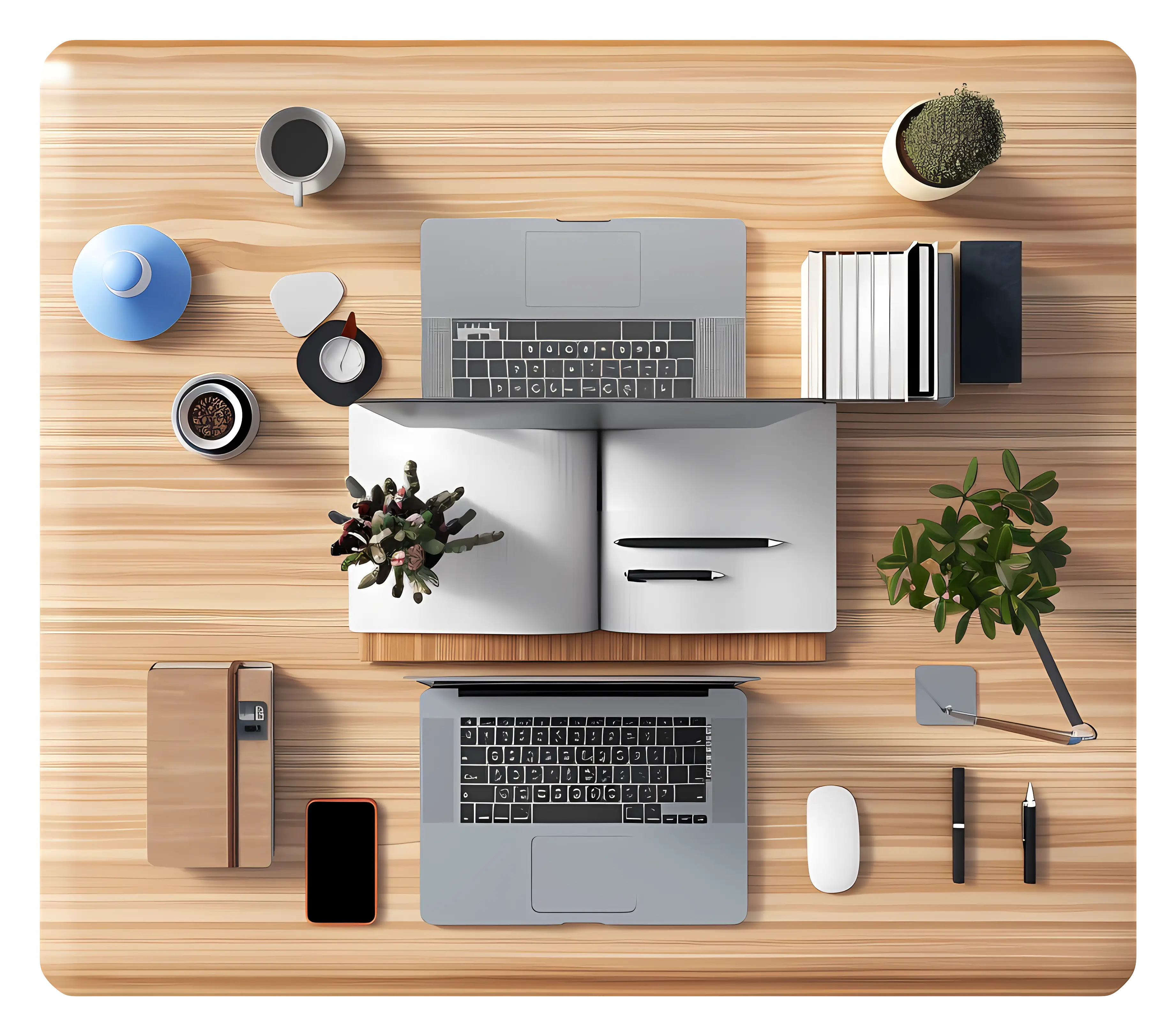 Organized Workspace with Laptops and Plants
