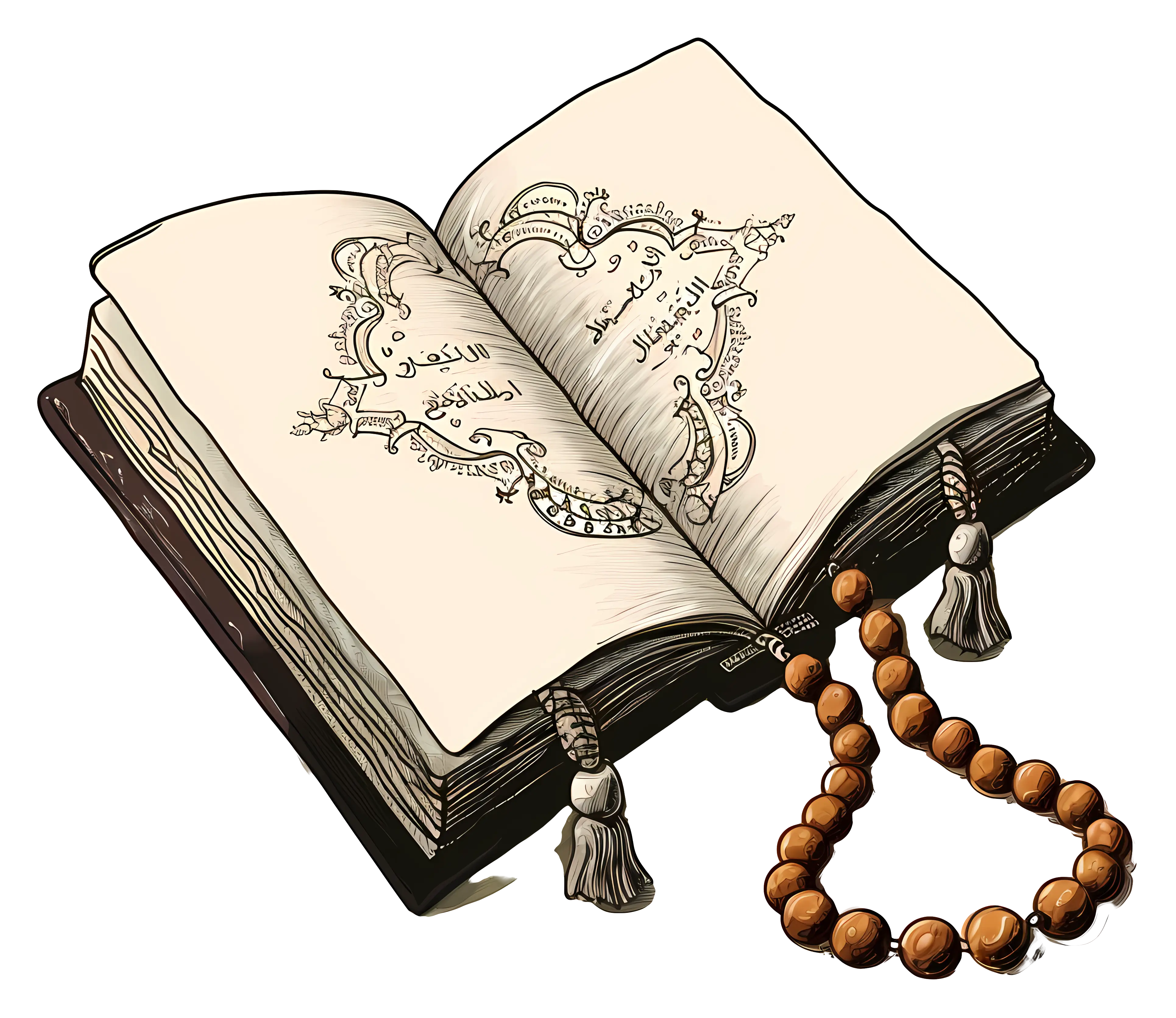 Illustrated Open Religious Book with Beads