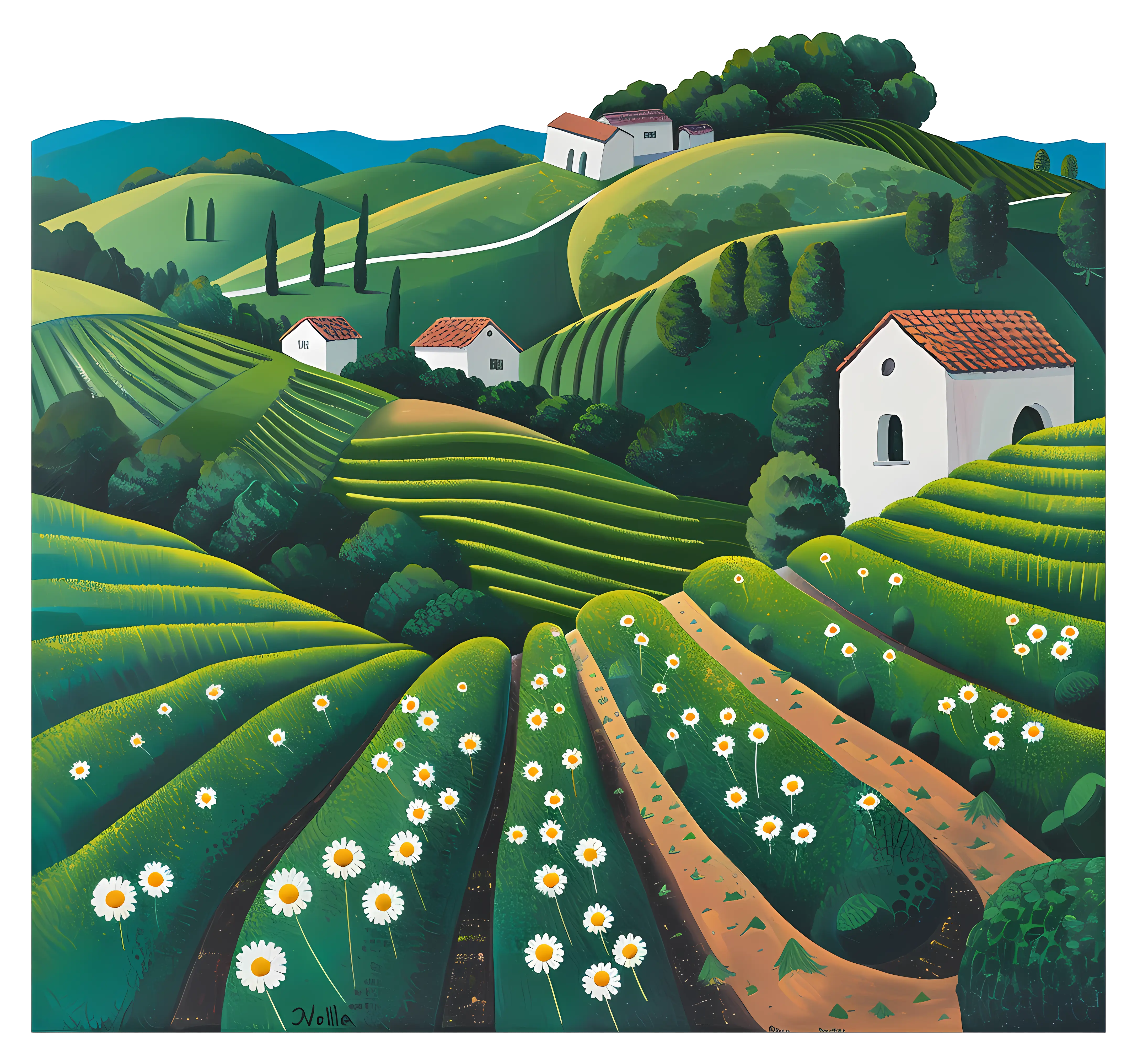 Green Fields with White Flowers